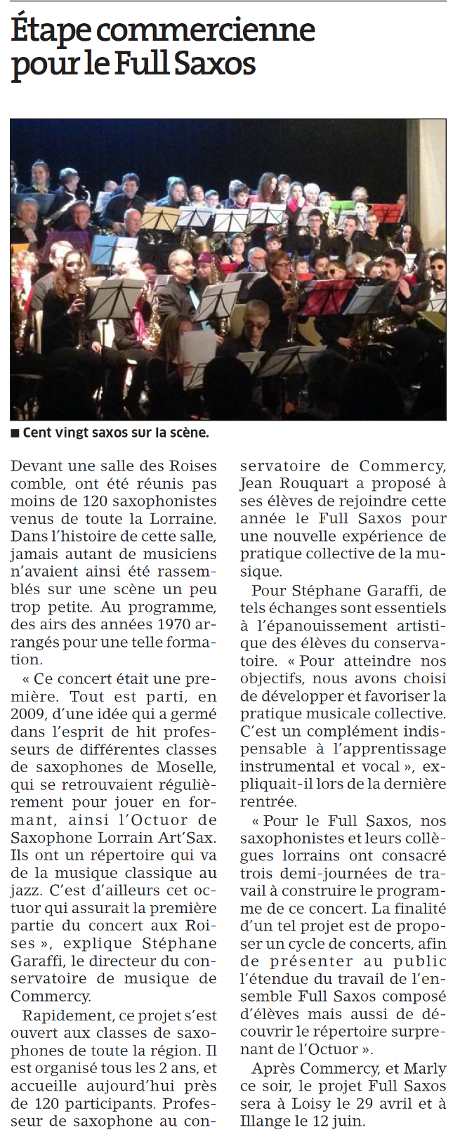 Article de presse, l'ensemble FullSaxos Project en concert a Commercy Salle des Roises