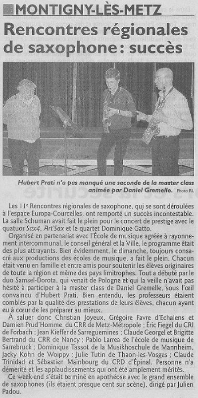 Journées Régionales du saxophone 2012 Article de presse Journées Régionales du saxophone 2012