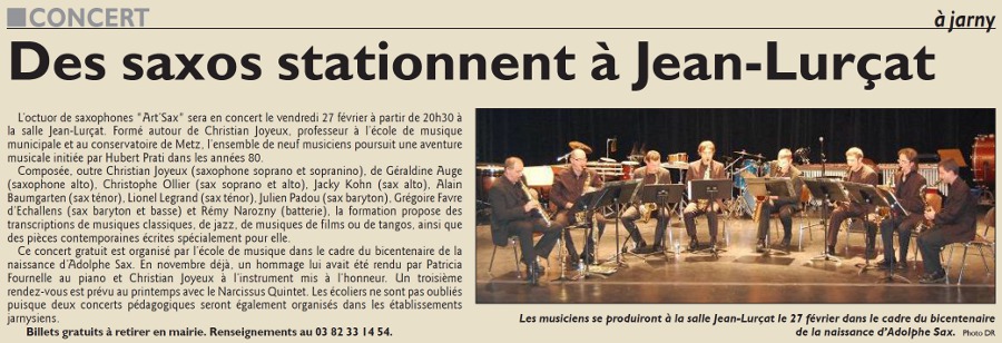 Art'Sax en concert a Jarny pour le bicentenaire de la naissance d'Adolphe Sax