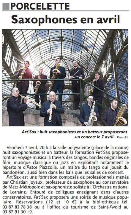 Saxophones en Avril, article de presse concert à Porcelette Républicain Lorrain, annonce du concert à Porcelette